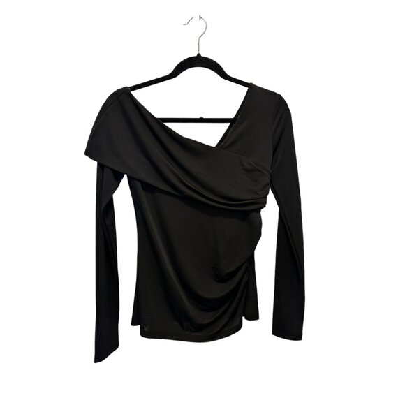 🍒 2/$20 🍒 Black Long Sleeve Blouse with Geometric Neckline, Ruched Side sz S - Picture 1 of 6